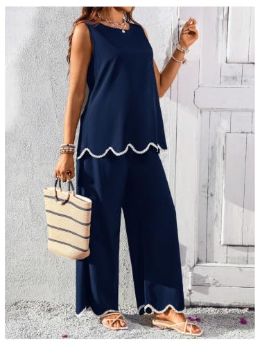 RoseSeek Women's Maternity 2 Piece Outfits Tank Top and Wide Leg Pants - color: Deep Blue, size: Medium