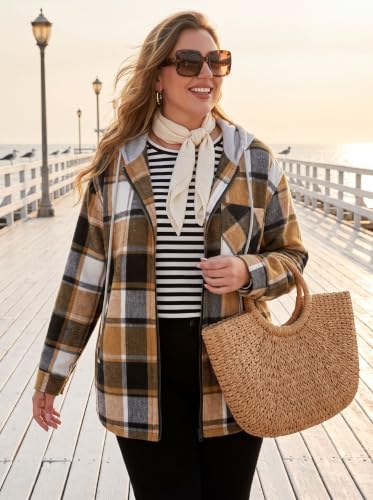 OLRIK Women's Plus Size Hooded Flannel Shacket Zip Up Jacket - color: Black Caramel Beige, size: 1X