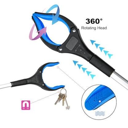 6-Pack 32" Grabber Reacher Tool, 360° Rotating Head, Wide Jaw, Foldable Reacher Grabber Pickup Tool,Anti-Slip Rotating, 4" Wide Claw Opening Grabbers for Seniors (Blue)