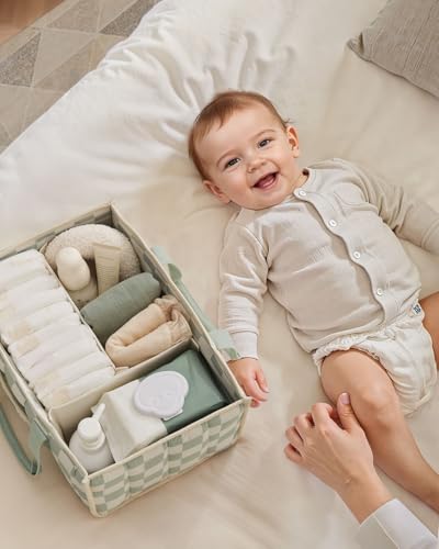 Blissful Diary Checkered Diaper Caddy Organizer, Storage Basket, Sage Green - color: Checkered Sage Green