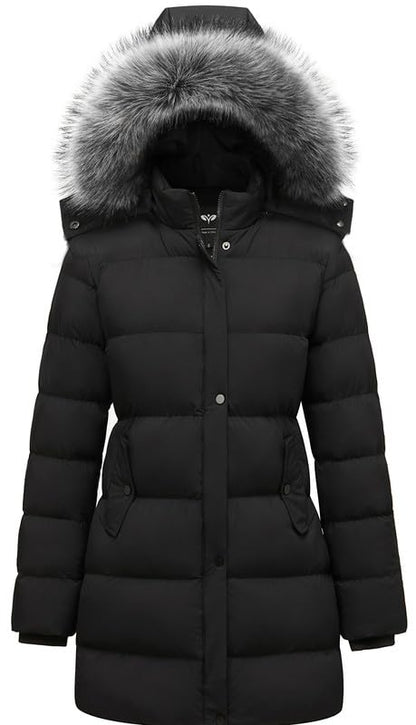 GGleaf Women's Winter Thicken Puffer Coat (Standard & Plus Size) Warm Snow Jacket with Fur Removable Hood - color: Black, size: 2X
