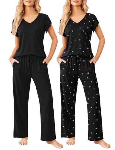 Ekouaer 2 Pack Womens Pajama Set Short Sleeve Sleepwear Soft Pjs Lounge Set - color: Black/Black Star, size: Large