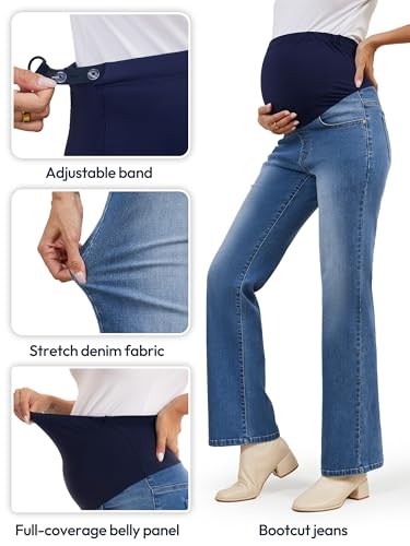 SEVEGO Women's 29"/31"/33"/35" Maternity Bootcut Jeans Over the Belly Pregnancy Flare Stretch Denim Pants Pockets Comfy - color: Blue, size: Medium