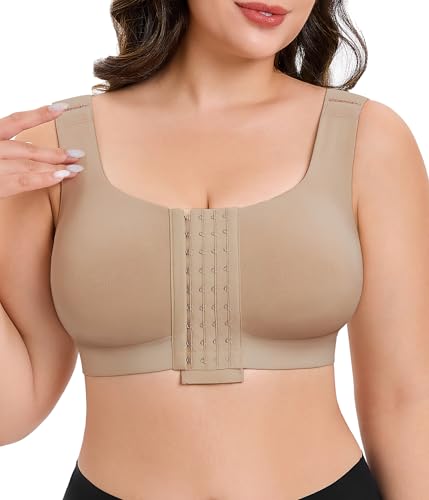 CYDREAM Wireless Front Closure Bra for Women Compression Back Smoothing Post Surgery Bra Adjustable Straps - color: Light Brown, size: 3X-Large