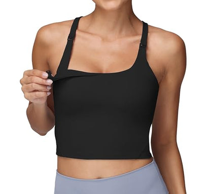 Foucome Nursing Tank Tops Racerback Longline Nursing Sports Bra - color: Black, size: X-Large