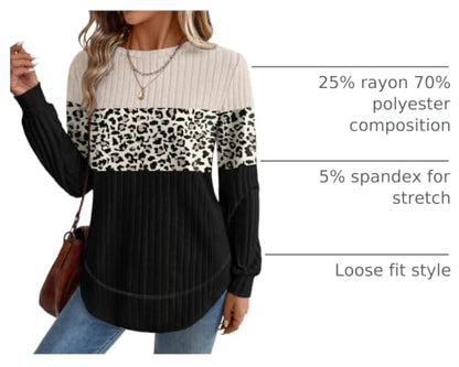 OFEEFAN Womens Sweaters Crew Neck Tunic Tops Long Sleeve Shirts Curved Hem - color: B-leopard Black, size: Medium