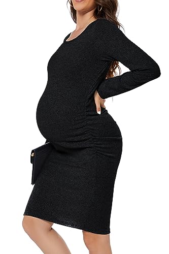 Smallshow Women's Knit Maternity Dress Long Sleeve Pregnancy Clothes - color: Black, size: Medium