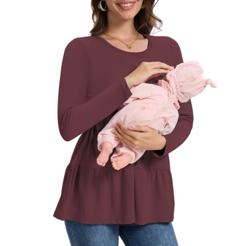 Bearsland Long Sleeve Nursing Top - color: Black & Platinum Grey & Red Mahogany, size: Small