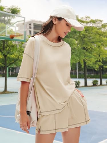 EXLURA Womens Short Sets 2 Piece Outfits Summer 100% Cotton Matching Set - color: Apricot, size: X-Large