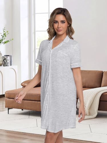 Womens Nightgown Bamboo Viscose Button Down Night Gowns - color: Marle Grey, size: X-Large