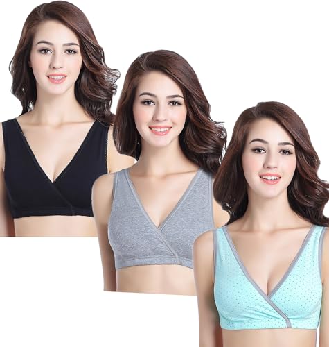 CAKYE 3 Pack Maternity Nursing Sleep Bra Breastfeeding Cotton Bralette - color: Black/Gray/Green Dot, size: Large