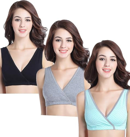 CAKYE 3 Pack Maternity Nursing Sleep Bra Breastfeeding Cotton Bralette - color: Black/Gray/Green Dot, size: Large