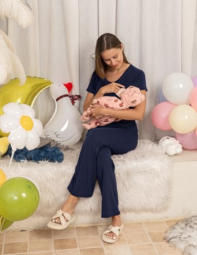 SUNNYBUY 3 PCS Maternity Nursing Sleepwear Set with Nightgown, Top & Pants - color: Navy, size: Large