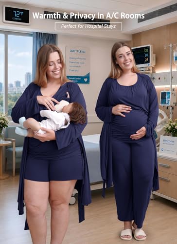 Rnxrbb 4 PCS Hospital&Home Nursing Pajamas Robe Set Maternity Postpartum Pj - color: Navy, size: Medium