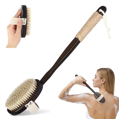 Dry & Wet Body Brush, Natural Boar Bristle Back Scrubber, Brown - color: Dark Brown