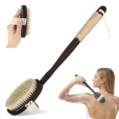 Dry & Wet Body Brush, Natural Boar Bristle Back Scrubber, Brown - color: Dark Brown