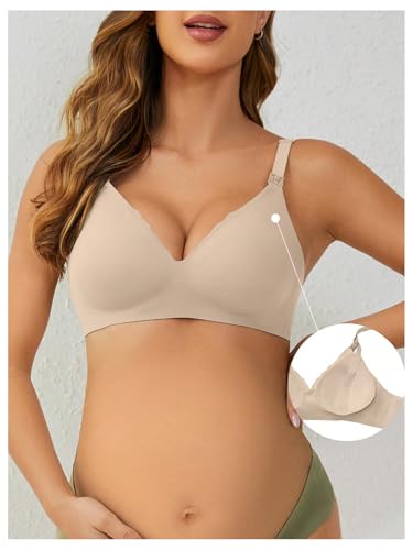 OYOANGLE Women's Maternity Nursing Bra Wireless Push Up Breastfeeding Bras - color: Apricot, size: Small