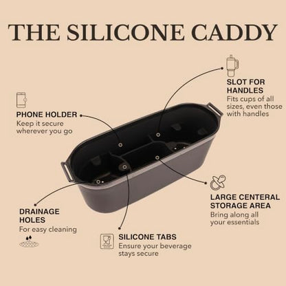 Silicone Stroller Organize, 40 oz Cup Holders, Waterproof & Easy-Clean, BPA-Free Caddy with Phone Pocket & Storage, Universal Anti-Slip Straps Fit UPPAbaby, Bugaboo, Nuna, Doona & Most Strollers