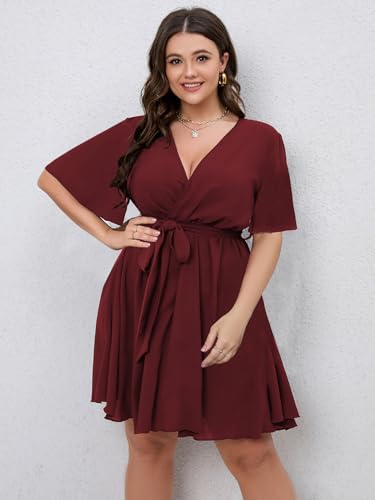 SCOMCHIC Women's Plus Size Wrap Summer Mini Dress - color: Burgundy, size: X-Large Plus