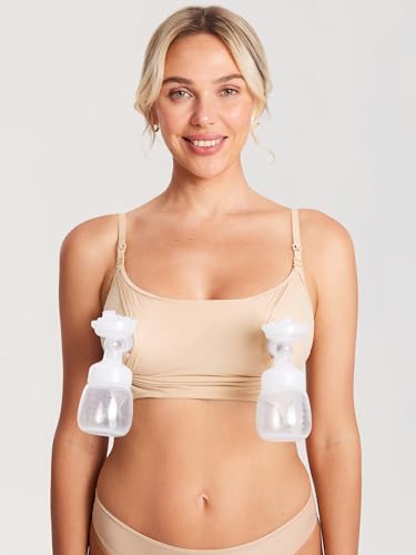 MOMANDA Women's Inbarely Pumping Bra Hands Free All-in-One Nursing Bra for Breastfeeding More Coverage Wireless Seamless - color: Warm Beige 2, size: Medium