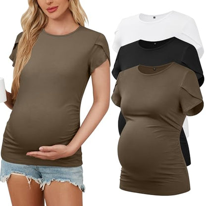 OUGES 3 Pack Women's Maternity Shirts/Tops Crew Neck Short Petal Sleeve Casual Fashion Tee Side Ruched Pregnancy Clothes - color: White, Black, Camel, size: XX-Large