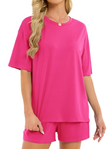 Women's 2 Piece Short Sets Loose Lounge Sets Summer Matching Sets - color: Pink, size: X-Large