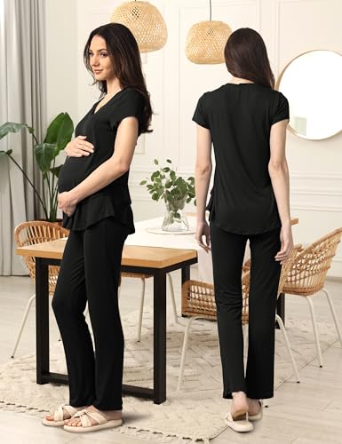 SUNNYBUY 3 PCS Maternity Breastfeeding Pajamas Set with Hidden Nursing Top - color: Black, size: Medium