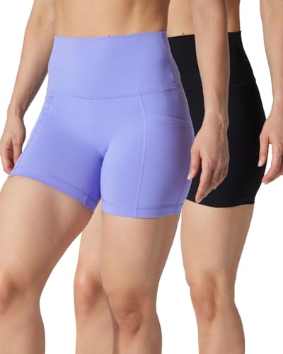 Yogalicious Womens 5”, 7” High Waisted Biker Shorts Squat Proof Workout Yoga Short 2 Pack - color: Deep Periwinkle (W/ Pocket) / Black (No Pocket) 5", size: X-Small