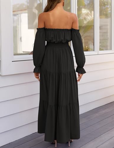 ZESICA Womens Fall Long Sleeve Boho Off Shoulder Maxi Dresses - color: Dark Black, size: X-Small
