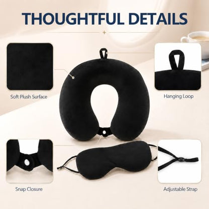 RAINFLOW Travel Neck Pillow Set - Black Memory Foam Cushion with Eye Mask - color: Black