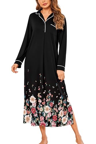 Ekouaer Long Sleeves Nightgowns for Women Button Down Night Gown - color: Black Flower, size: Small