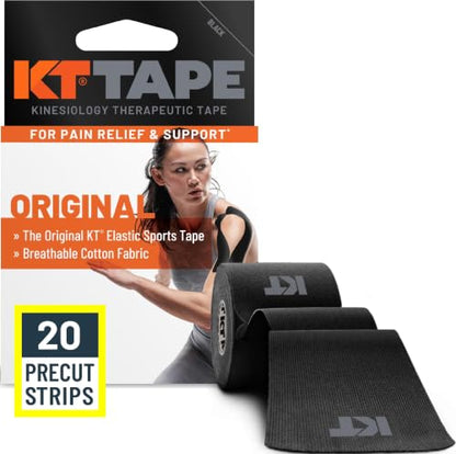 KT Tape, Original Cotton, Elastic Kinesiology Athletic Tape, 20 Count, 10” Precut Strips, Black - color: Black