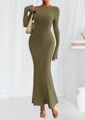 PRETTYGARDEN Women's Fall Long Sleeve Bodycon Maxi Dresses - color: Army Green, size: Medium
