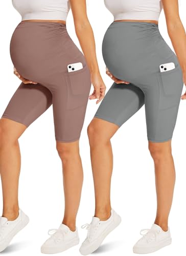 Fotociti Maternity Shorts with Pockets Over Belly,8" Pregnancy Biker Yoga - color: Light Grey+pink, size: Medium