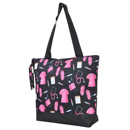 NGIL Medium Canvas Tote Bag with Coin Purse - color: Pink Nurse Print-black