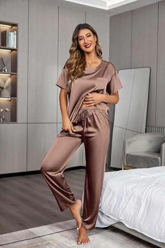 Ekouaer Pajamas for Women Set Silky Satin 2 Piece Lounge Sets with Pockets - color: Brown, size: Large
