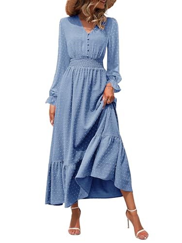 CzzzyL Women Nursing Boho Maxi Dress Swiss Dot Smocked with Pockets - color: S-lightblue, size: Medium