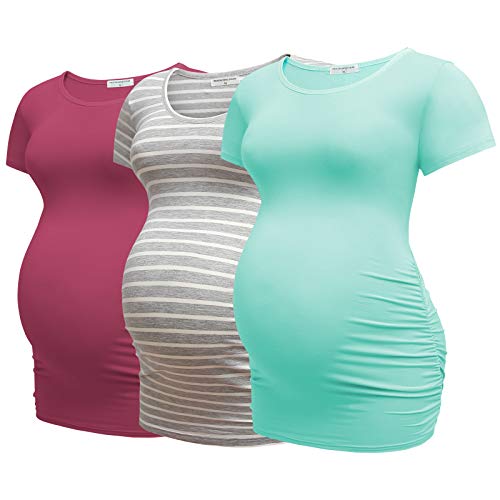 Bearsland Womens Maternity Tshirt 3 Packs Classic Side Ruched Tee Top Mama Pregnancy Clothes - color: Russetred++graywitstrip+mintgreen(3pcs), size: Medium