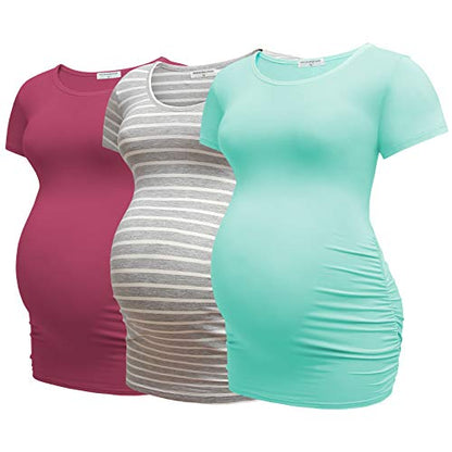 Bearsland Womens Maternity Tshirt 3 Packs Classic Side Ruched Tee Top Mama Pregnancy Clothes - color: Russetred++graywitstrip+mintgreen(3pcs), size: Medium