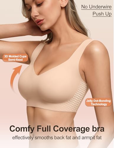 Jelly Bras for Women No Underwire Seamless Pullover Bras Wireless T Shirt Bralettes Wide Straps Sleep Everyday Bra - color: Nude, size: Medium