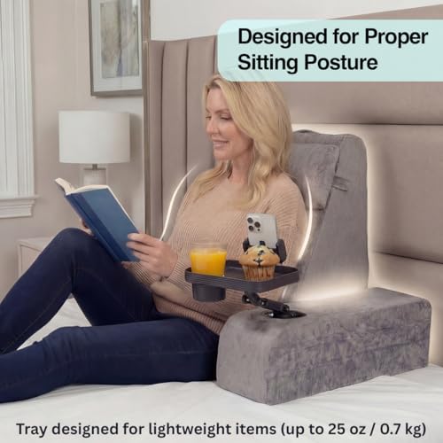Reading Pillow for Adults – 24in XL, Cup Holder, Phone Caddy & Tray Mount - color: Grey