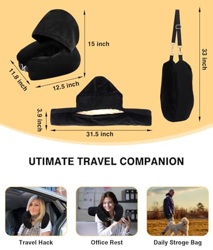 Stuffable Travel Neck Pillow with Hood, Soft Velvet Fabric,Black - size: Type A