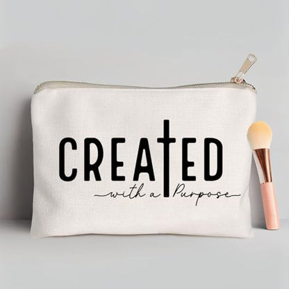 Created With a Purpose Women Makeup Bag Christian Decor Self Love Gift Toiletry Bag Religious Faith Cosmetic Pouch Linen Cotton Inspirational Multi-Purpose Bag Gift - color: Created with a Purpose