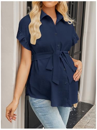 MakeMeChic Women's Maternity Nursing Work Blouse Pregnancy Ruffle Tops - color: Royal Blue, size: X-Large