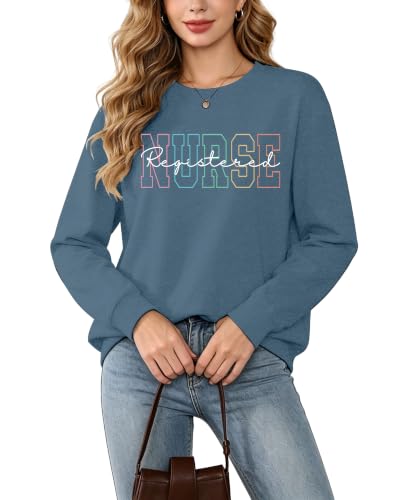 Registered Nurse Sweatshirt Women RN Nurse Long Sleeve Graphic Shirts - color: Blue, size: Large