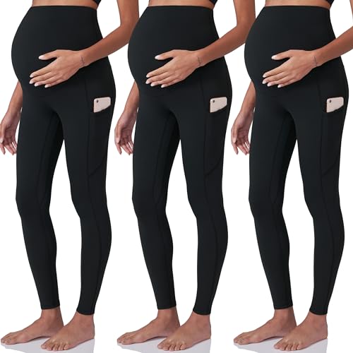 POSHDIVAH 3 Pack Women's Maternity Leggings Yoga Pants with Pockets - color: 3 Pack Black, size: X-Large