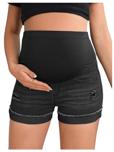 BEAUDRM Women's Maternity Adjustable High Waist Denim Mini Shorts - color: Solid Black, size: Small