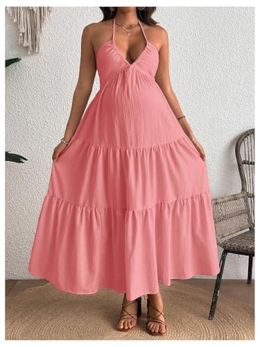 Milumia Women's Maternity Flowy Halter Maxi Dress Summer Sundress - color: Pink, size: Small