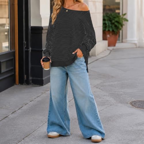 Fall Tops for Women 2026 off Shoulder Striped Top Long Sleeve Pullover Tops - color: Khaki, size: Small
