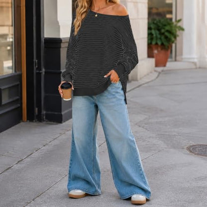 Fall Tops for Women 2026 off Shoulder Striped Top Long Sleeve Pullover Tops - color: Khaki, size: Small
